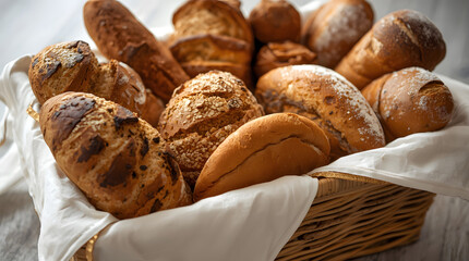 A wicker basket overflowing with various freshly baked loaves of bread, showcasing textures.