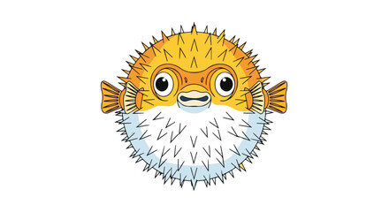 Naklejka premium Whimsical Pufferfish Character Illustration with Spikes and Big Eyes on a White Background