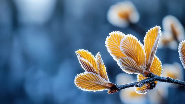 Golden budding leaves with water droplets on a twig against blue background