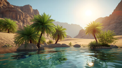 Oasis in a desert canyon, lush palm trees by a tranquil pool of water.