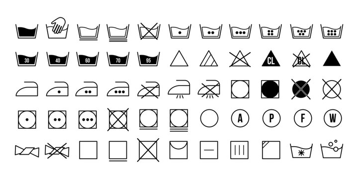 Laundry care symbols set with various icons for washing, ironing, drying, bleaching, and professional cleaning on white background. Vector illustration