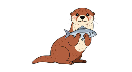 Obraz premium Adorable otter illustration with a freshly caught fish, perfect for children's books and animal-themed designs with playful character and clean lines