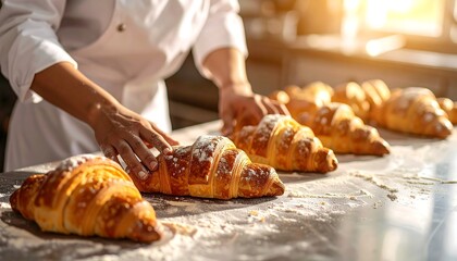 Freshly baked croissants being handled by a chef