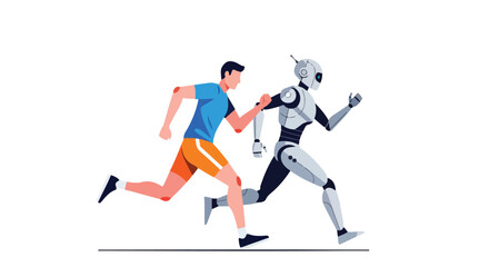 Human and Artificial Intelligence Collaboration in a Marathon Race on White Backdrop Vector Illustratio Depicting Harmony in Advancement and