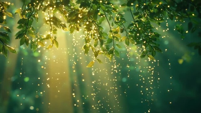 Leafy branches with fairy lights in magical, softly lit forest scene
