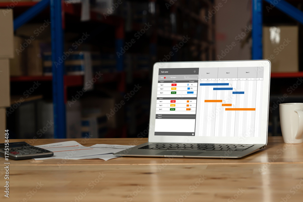 Poster project planning software for modish business project management on the computer screen showing time