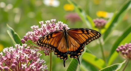Obraz premium Monarch butterfly with open wings perched atop a vibrant milkweed flower