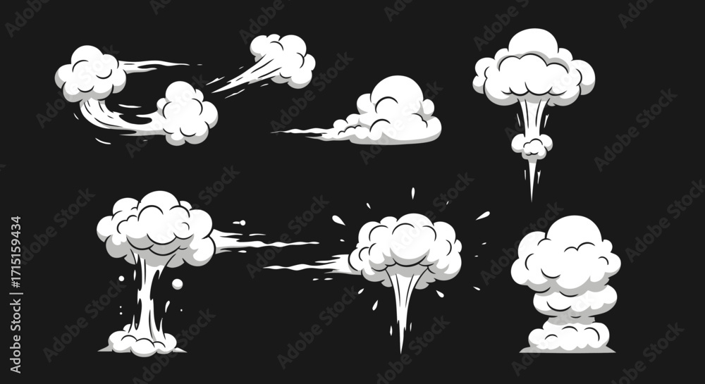 Poster A collection of dynamic smoke effects in a vector format, perfect for adding movement and impact to your digital artwork, with various styles and shapes on a dark background.
