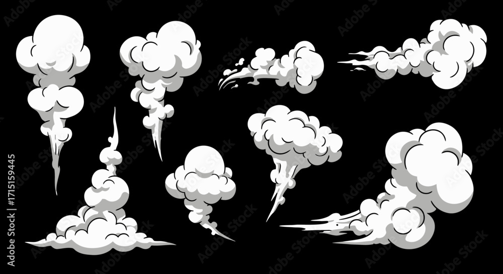 Poster collection of vector smoke illustrations in various shapes and sizes, ideal for adding atmospheric e