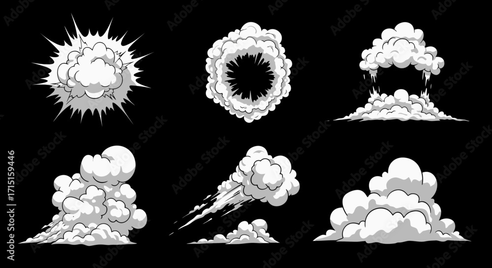 Poster collection of stylized white smoke and explosion effects in vector format, perfect for graphic desig