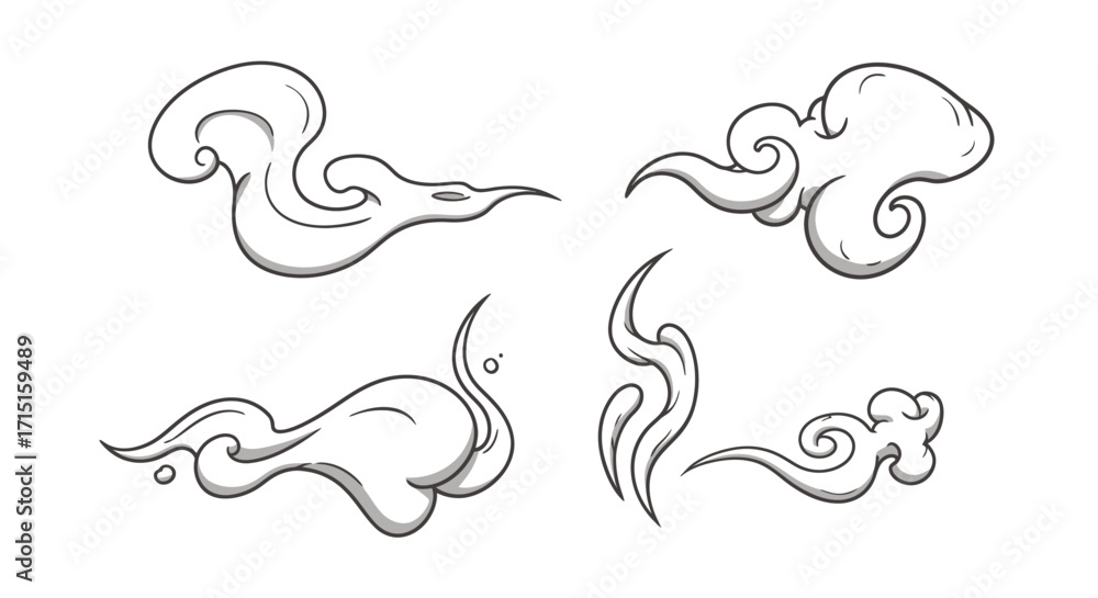 Poster artistic hand-drawn smoke and vapor elements are presented as isolated vector graphics, offering ver