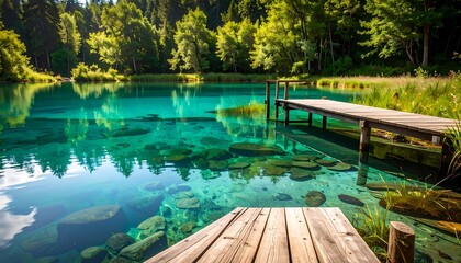 Serene alpine lake with wooden pier