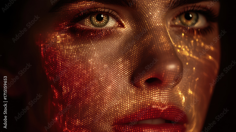 Poster close up portrait of person with intricate light patterns projected onto their face, creating mesmer