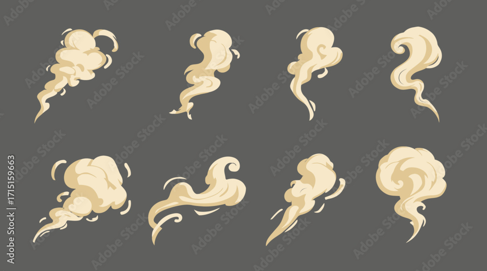 Poster collection of stylized vector smoke and dust cloud elements, perfect for adding atmospheric effects 