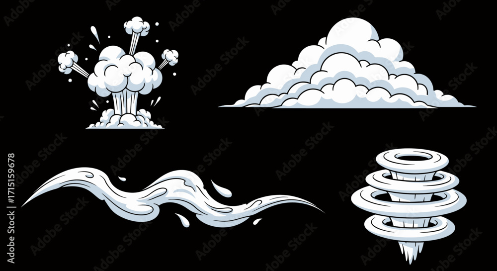 Poster a collection of dynamic cartoon smoke, explosion, and cloud effects, rendered as scalable vector gra