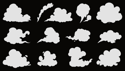 Collection of stylized white smoke and steam cloud elements in vector format, perfect for graphic design overlays and effects.