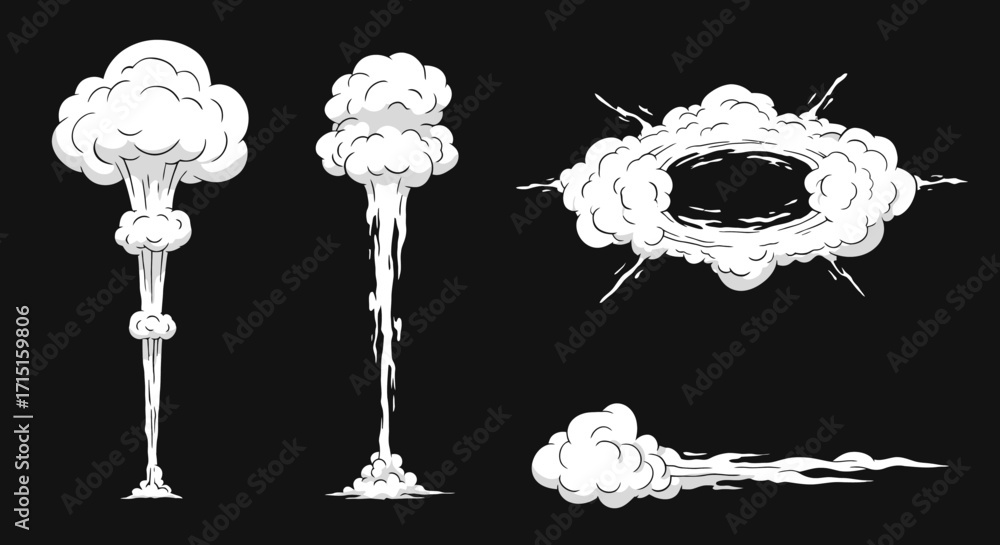 Poster a set of stylized, black and white vector illustrations depicting various types of smoke effects, pe