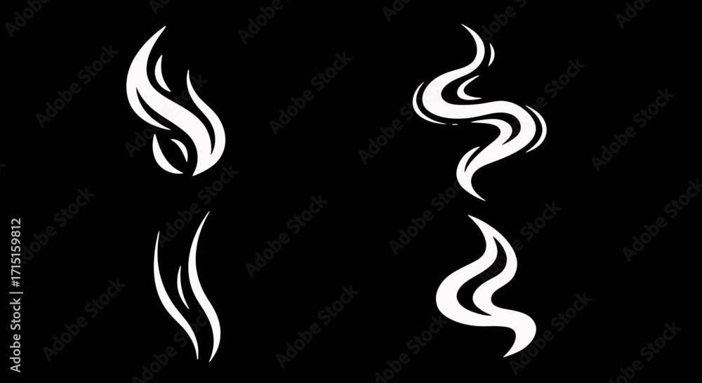 Poster A set of stylized white smoke elements in vector format, perfect for adding a dynamic and ethereal effect to various digital designs, isolated against a stark black background.