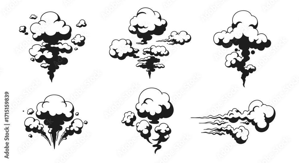 Poster a collection of stylized black and white smoke vector illustrations, perfect for adding dynamic effe