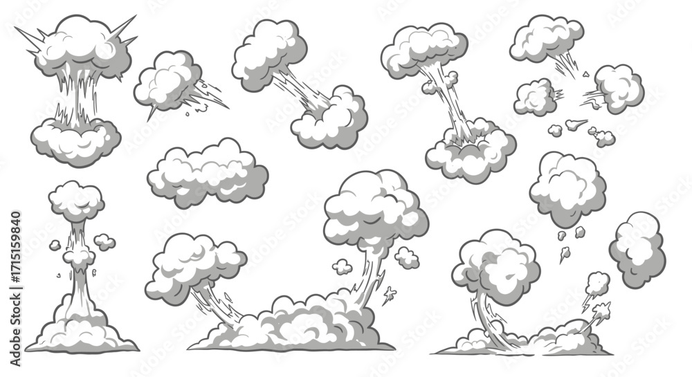 Poster collection of vector smoke clouds in various shapes and densities, ideal for adding atmospheric effe
