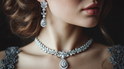 Elegant jewelry adorns woman neck and ears, featuring intricate designs with sparkling gemstones. luxurious pieces enhance her beauty, creating captivating and sophisticated look