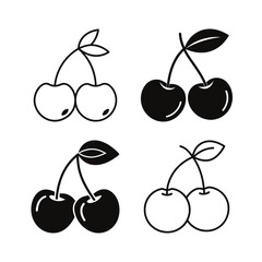 Four sets of cherries in black and white on transparent background