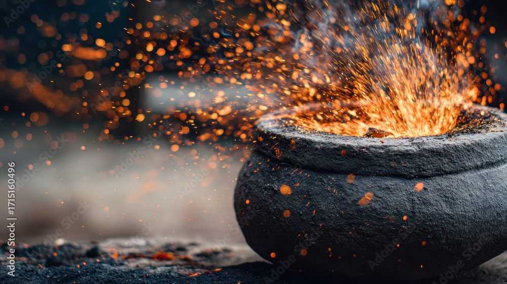 Poster close up view of traditional pot with glowing embers and sparks flying, creating mesmerizing display