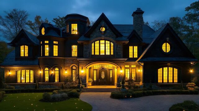 Luxurious, stone-clad mansion at dusk