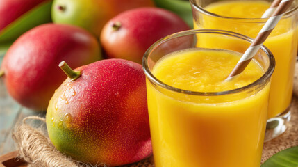 Fresh mango juice served glasses with ripe mangoes background creates vibrant and refreshing scene. bright yellow color of juice contrasts beautifully with red and green hues of mangoes