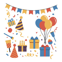 A festive collection of colorful birthday party elements including balloons, gifts, and cake on a white background.