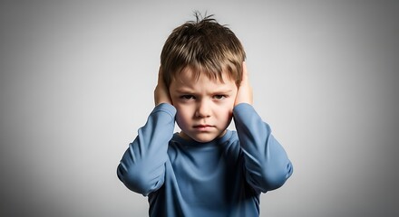 Angry Little Boy Covering Ears on Gray Background