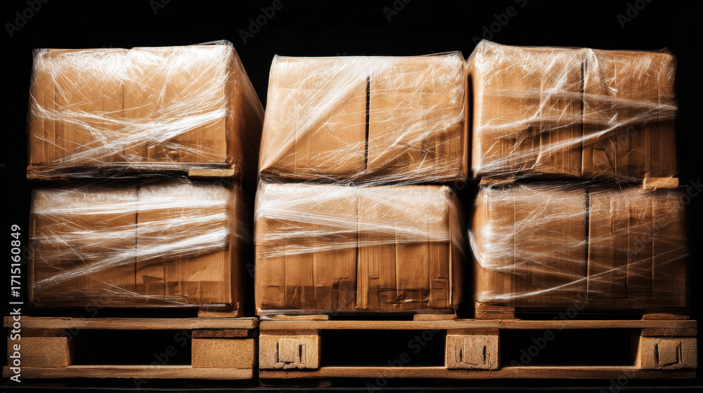 Poster pallets stacked with cardboard boxes wrapped in plastic, showcasing neat and organized storage solut