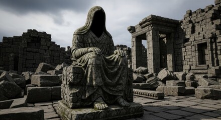 Obraz premium Mysterious hooded statue in ancient ruins under a cloudy sky.
