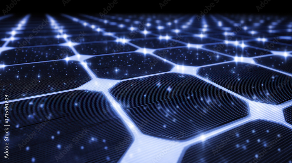 Poster futuristic grid of hexagonal solar panels glimmers with bright stars, creating mesmerizing visual ef