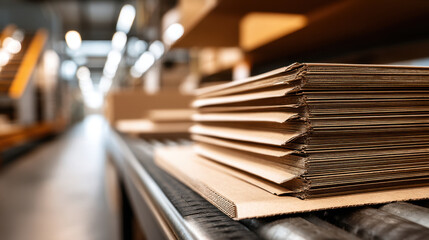 Stacks of cardboard boxes are neatly arranged conveyor belt warehouse, showcasing organized and efficient packaging process. warm lighting enhances industrial atmosphere, reflecting productivity