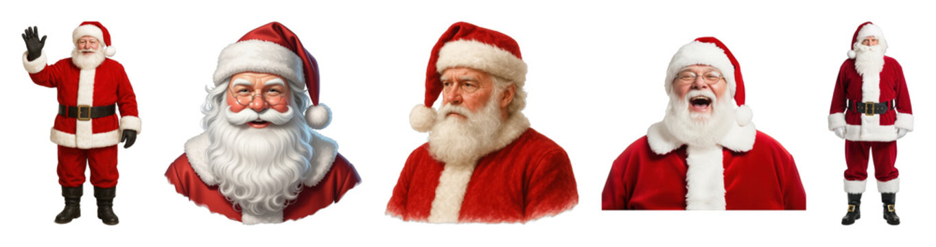 Santa Claus set including full body and close-up portraits with various expressions isolated. Holiday and Christmas collection.