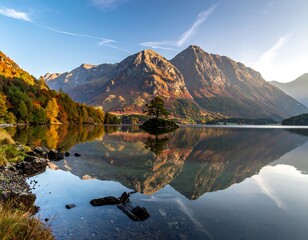 Serene autumn lake with mirrored mountains