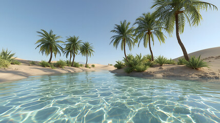 A serene oasis scene showcases clear water, palm trees, and desert landscape under a blue sky.