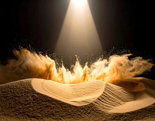 Sand explosion, spotlight, dark background