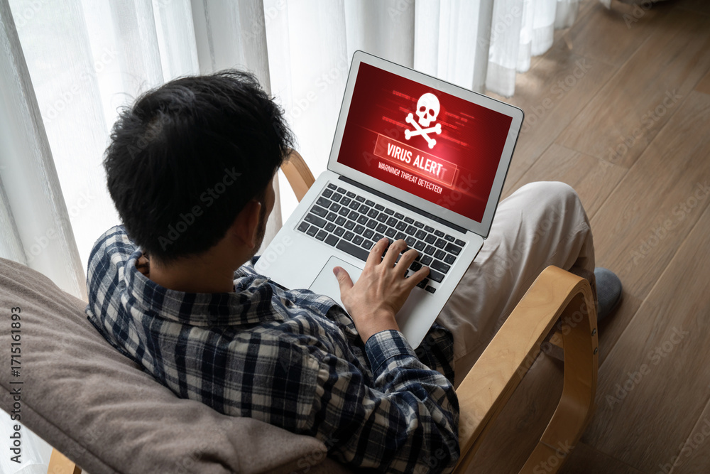 Poster virus warning alert on computer screen detected modish cyber threat , hacker, computer virus and mal