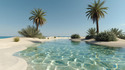 Tranquil oasis scene with clear water flowing through white sand, palm trees, and sparse vegetation under a bright blue sky.