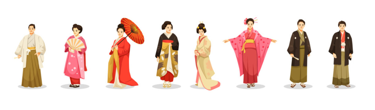 Group of Japanese men and women in traditional kimono and hakama outfits, flat cartoon style on white background. Concept of cultural heritage. Vector illustration