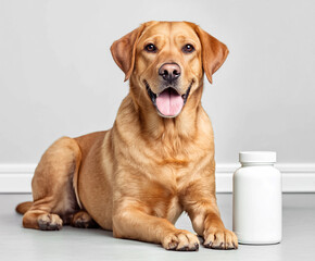 Happy golden retriever sitting next to supplement bottle, pet health concept. AI generated