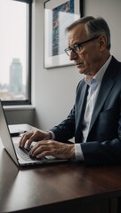 A busy middle-aged businessman is engrossed in reading financial documents on his laptop at work