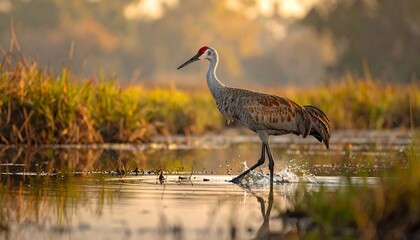 Sandhill crane in marsh at sunrise