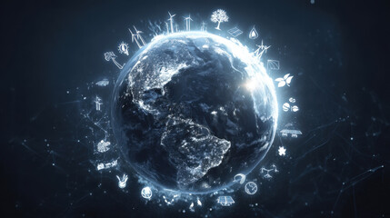 Obraz premium Digital representation of Earth surrounded by glowing icons symbolizing renewable energy sources, sustainability, and environmental protection. image conveys sense of innovation and hope