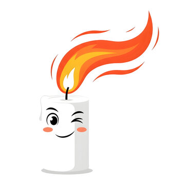 Cartoon white candle character with a bright fiery flame winking with a happy expression and blushing cheeks isolate
