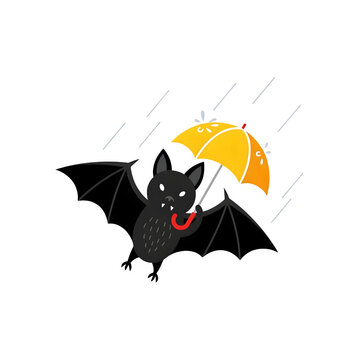 Cute bat with open wings holding a yellow umbrella during heavy rain isolate