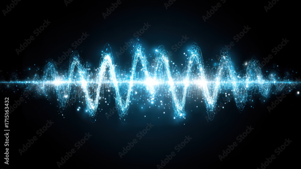 Poster vibrant sound wave graphic with glowing blue peaks and valleys, representing audio frequencies and e