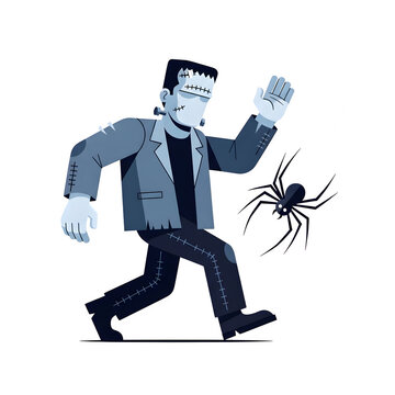 Stylized Frankenstein Monster Running From A Spider On A Transparent Background Isolate